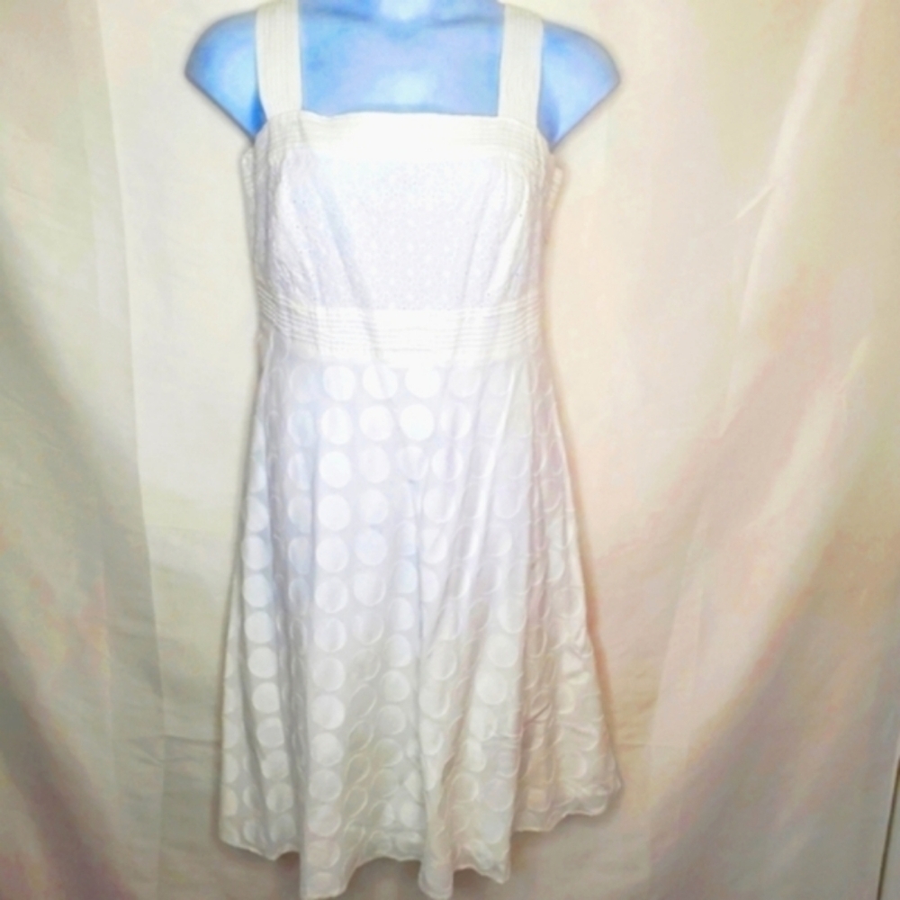 Eyelet Fit Flare White Midi Dress 14W Cotton Smocked Graduation Square Neck - Picture 14 of 15
